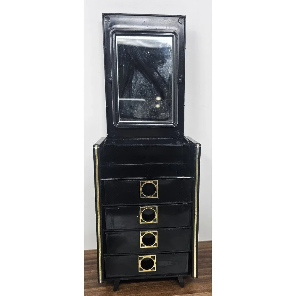 Vintage Hong Kong Black Vanity Jewelry Trinket Box Flip Rotating Mirror Floral